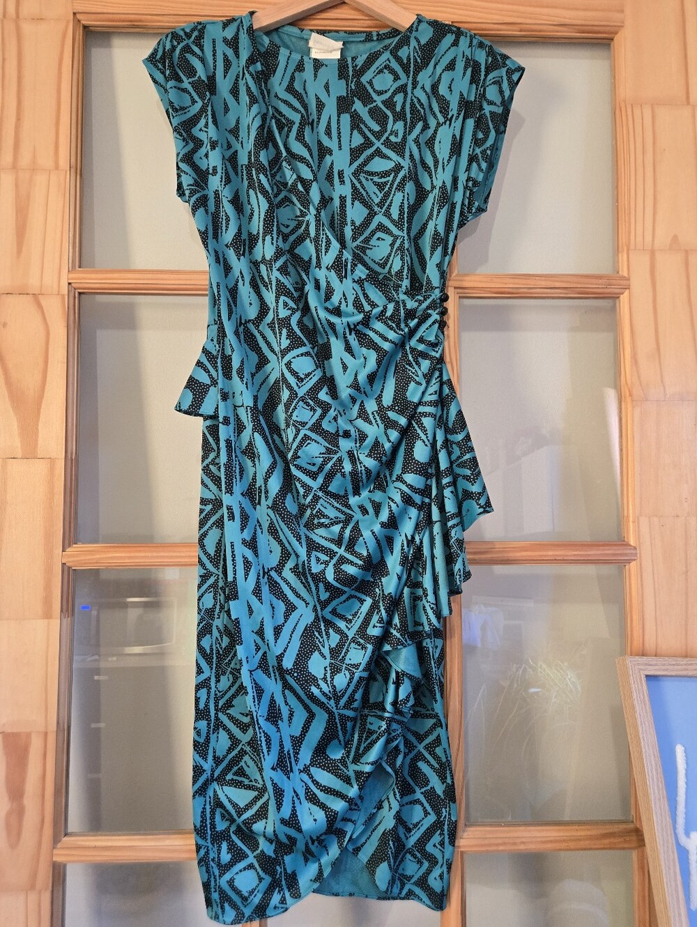 80s 90s Vintage Teal & Black Geometric Ruched Peplum Midi Dress Sm Med